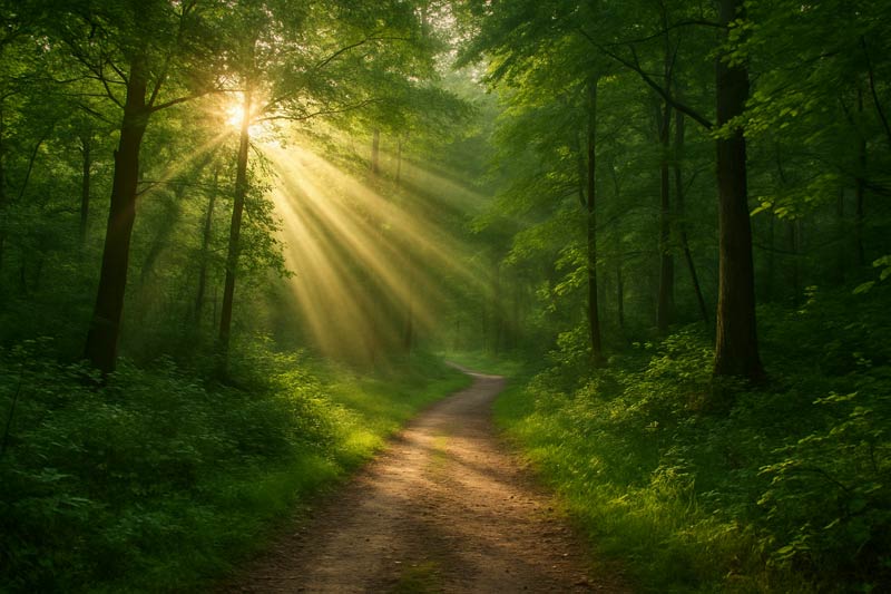 Forest trail with sunlight beam