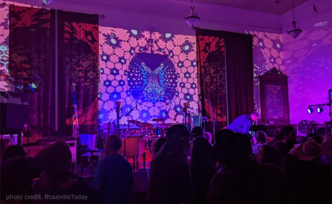 Lighted concert stage at Odd Fellows in Auburn