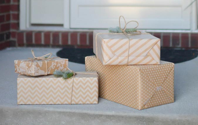 wrapped gifts on porch
