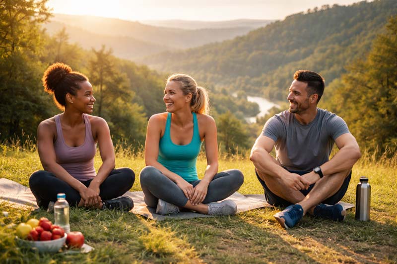 group sitting outdoors after a workout