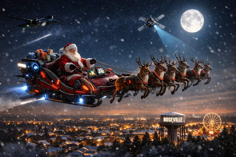 Santa sleigh over Roseville, California