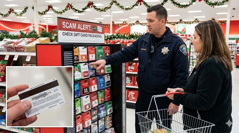 A police officer in a retail store points to a gift card rack with a 
