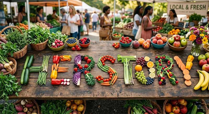 Produce at a farmers market that spells 