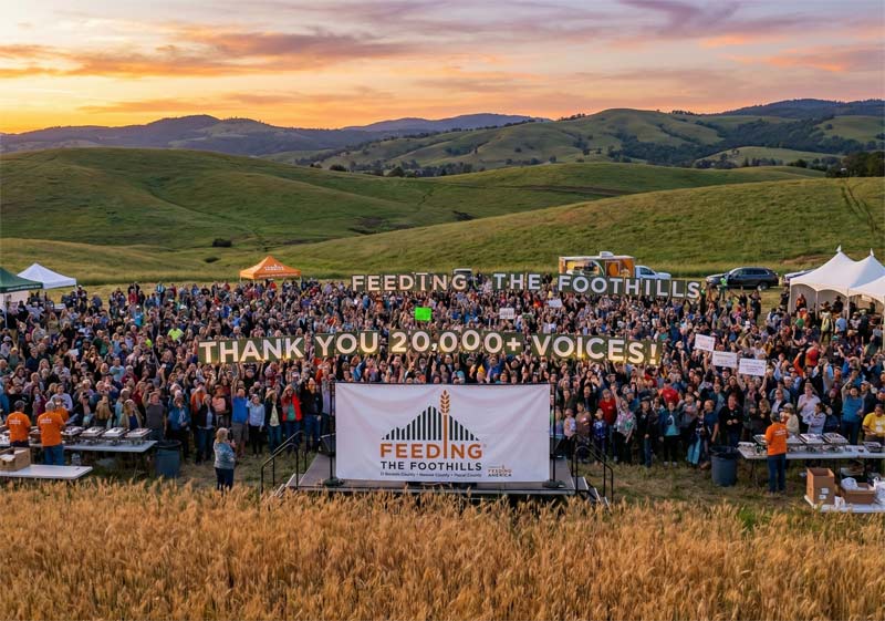 Large group gather outdoors for Feeding the Foothills sunset photo with mountains in background